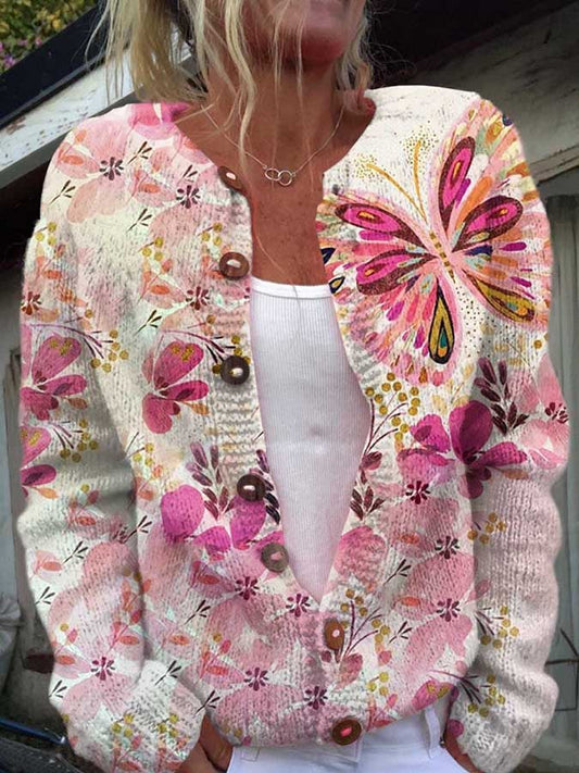 Women's Butterfly Floral Breast Cancer Awareness Print Buttoned Cardigan Sweater