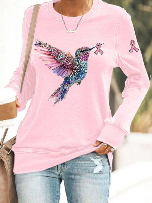 Women's Breast Cancer Awareness Hummingbird Ribbon Print Sweatshirt