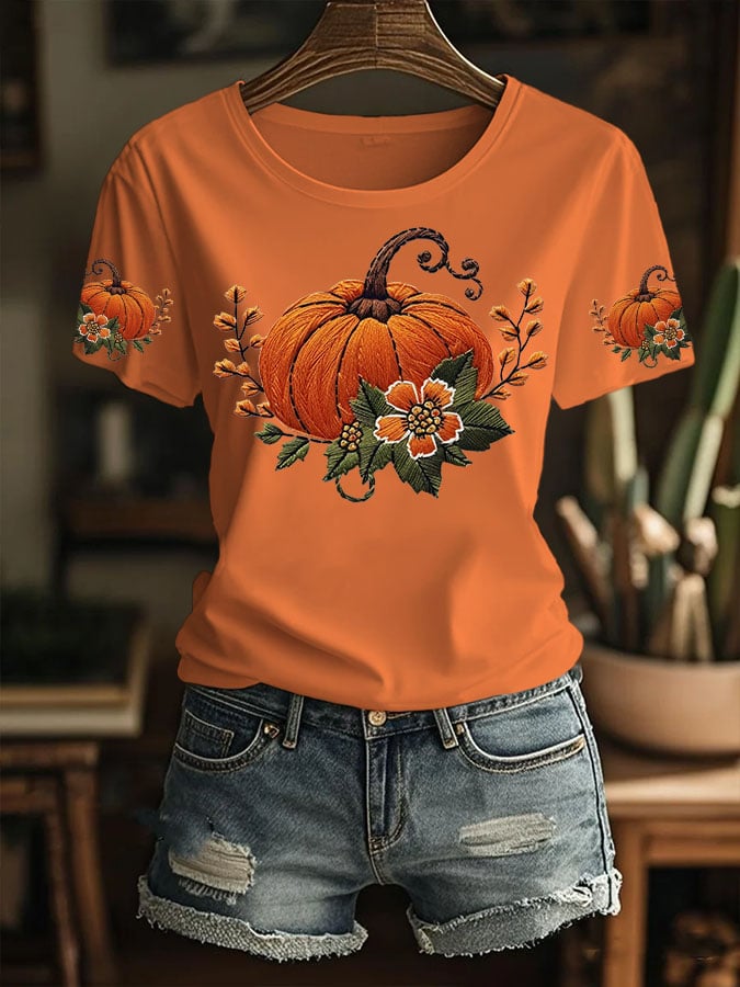 Women's Retro Autumn Pumpkin Print T-Shirt
