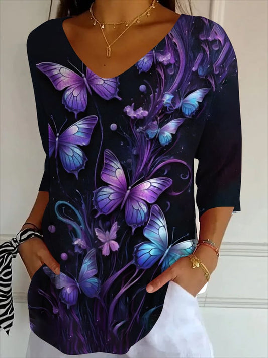 Womens Suicide Prevention Awareness Purple Butterfly Print Ribbed Fabric Casual V Neck T-Shirt