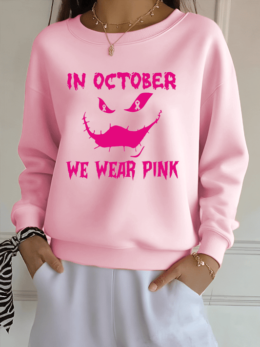 Women's In October We Wear Pink Ghost Print Crew Neck Sweatshirt
