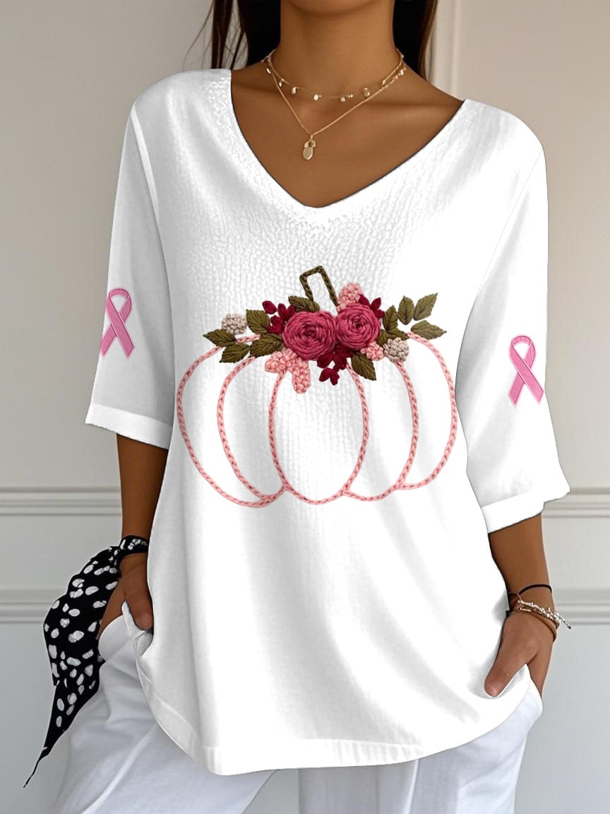 Women's Pink Pumpkin Ribbon Print Mid Sleeve T-Shirt