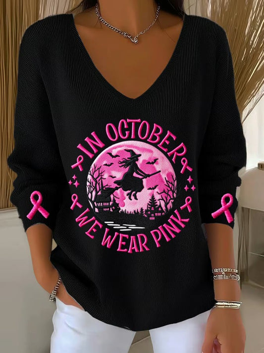 Women's In October We Wear Pink Witch Breast Cancer Awareness Print Drop Shoulder Sweater