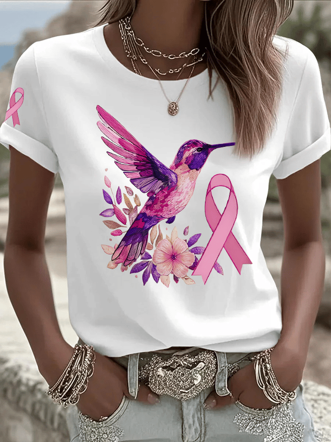 Women's Breast Cancer Hummingbird Print Crew Neck T-Shirt
