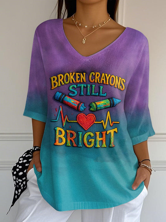 Women's Vintage Broken Crayons Still Bright Print Mid Sleeve T-Shirt