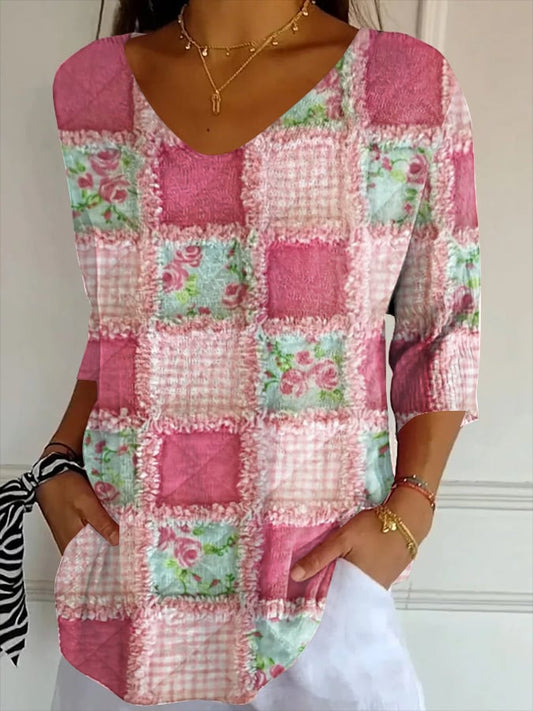 Women's Breast Cancer Print Ribbed Fabric Casual V-Neck T-Shirt