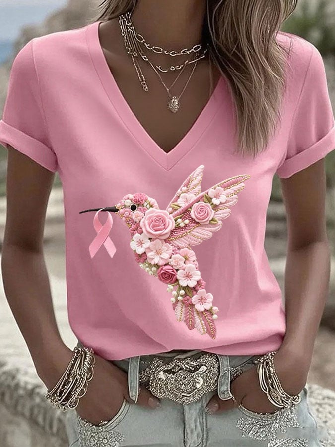 Women's Breast Cancer Hummingbird Ribbon Print Casual T-shirt
