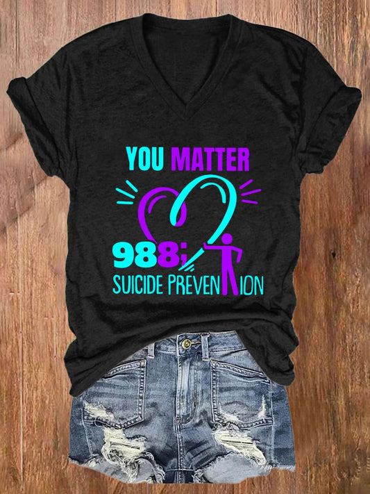 Women's  You Matter 988 Suicide Prevention Print Casual T-Shirt