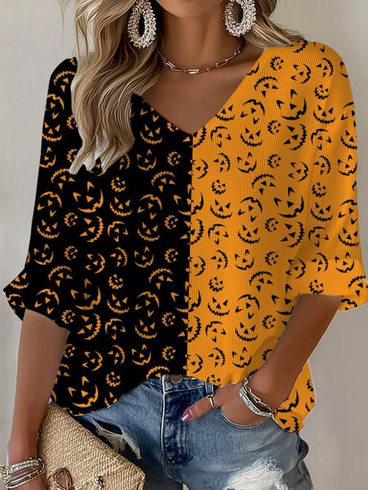 Women's Halloween Pumpkin Ghost Face Design Print Casual Waffle Long Sleeve T-Shirt