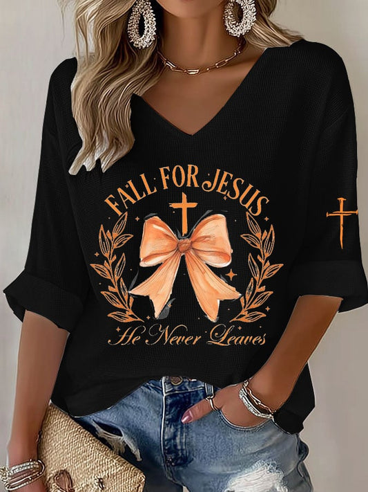 Women's Fall For Jesus He Never Leaves Waffle Long-Sleeved T-Shirt