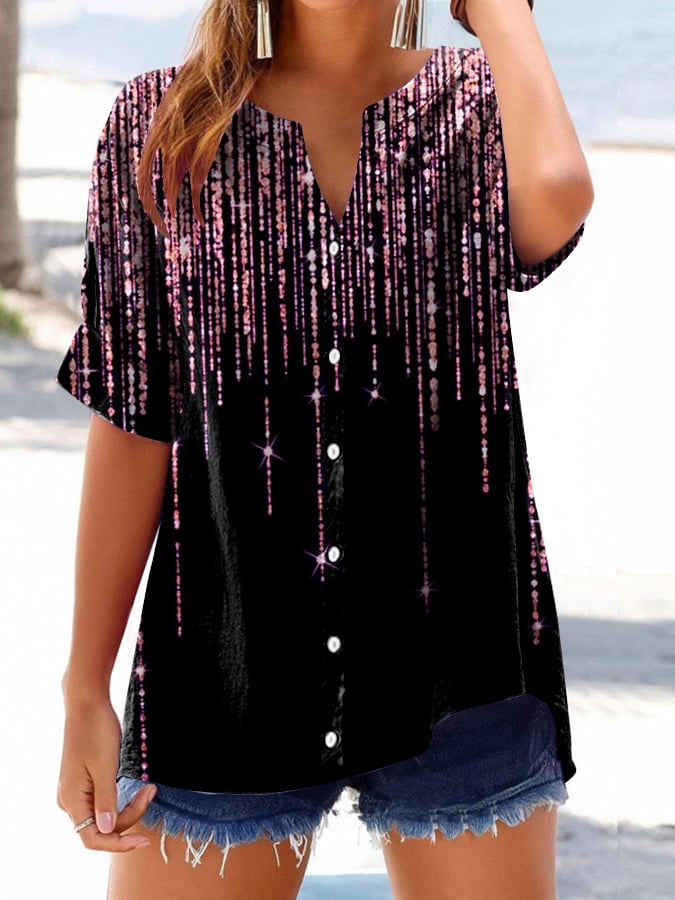 Women's Vintage Sequin Chain Print Button Design Shirt