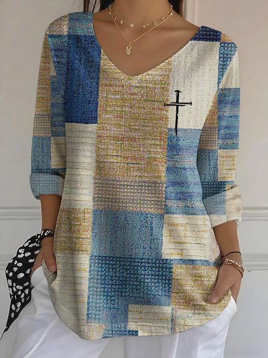 Women's Casual Retro Color Block Faith Bubble Wrinkle Long Sleeve Top