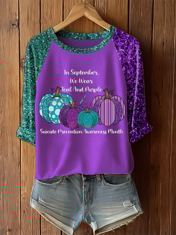 Women's In September We Wear Teal And Purple Suicide Prevention Awareness Print Raglan Sleeve T-Shirt