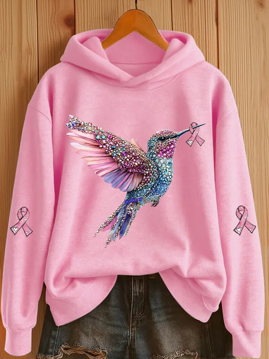 Women's Breast Cancer Hummingbird Ribbon Print Casual Hoodie