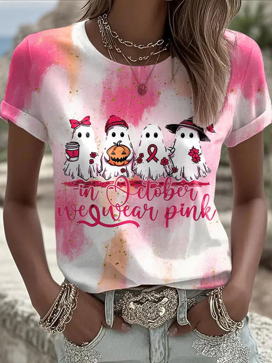 Women's Breast Cancer Ghost In October We Wear Pink Print Crew Neck T-Shirt