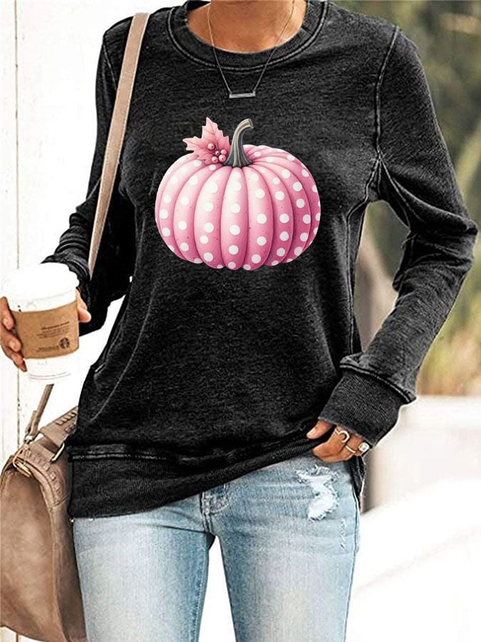 Women's Pink Pumpkin Print Casual Sweatshirt