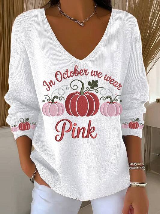 Women's Breast Cancer Pumpkin Print Long Sleeve Top
