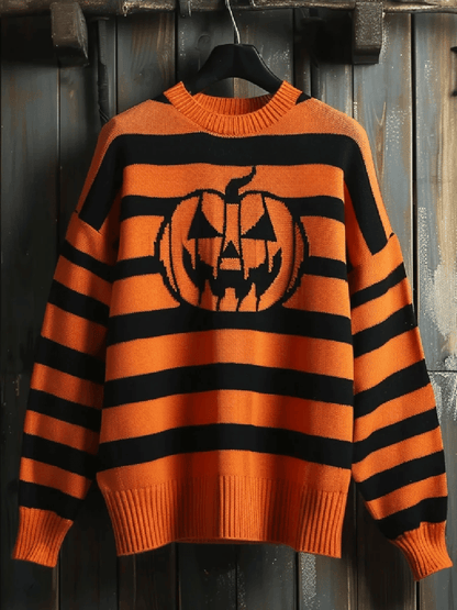 Women's Vintage Pumpkin Art Print Casual Crewneck Knit Sweater