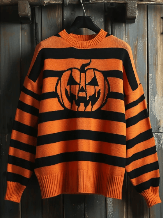 Women's Vintage Pumpkin Art Print Casual Crewneck Knit Sweater