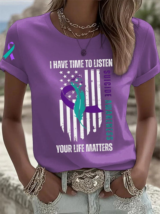 Women's Suicide Awareness Print Casual T-shirt