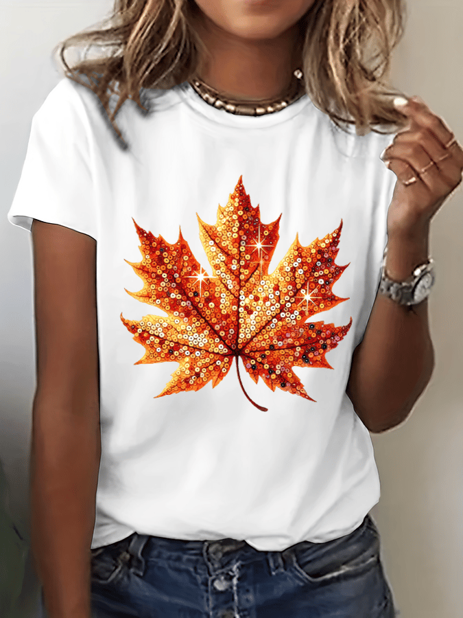 Women's Autumn Sequin Maple Leaf Print Crew Neck T-Shirt