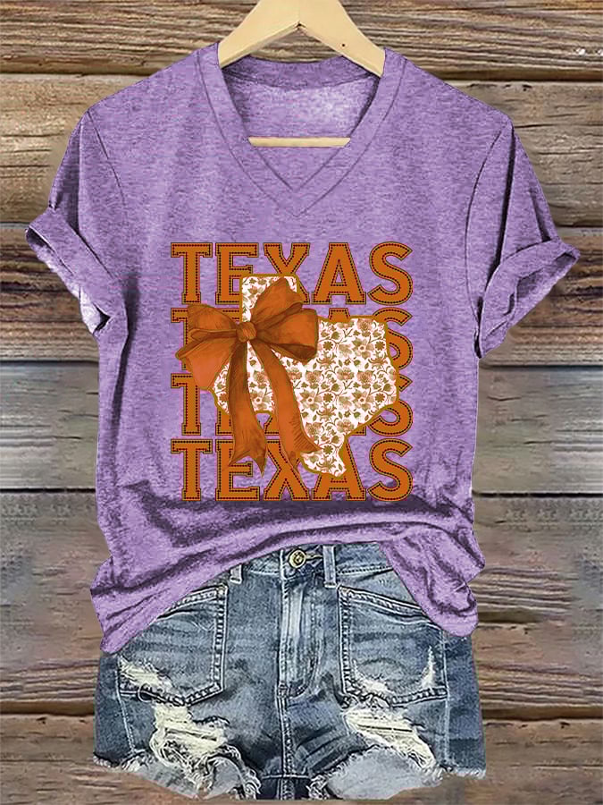 V-Neck Retro Burnt Orange Texas Coquette Bow Print T-Shirt