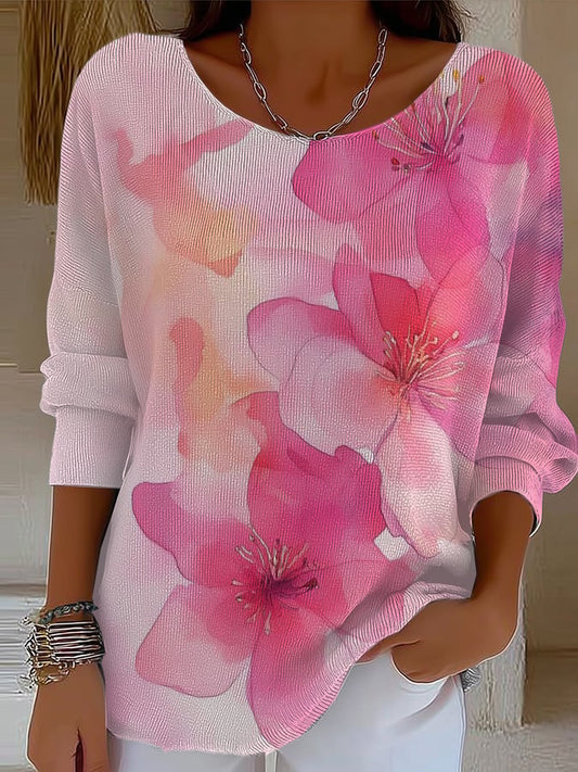 Women's Casual Loose Pink Art Striped Knitted Round Neck Top
