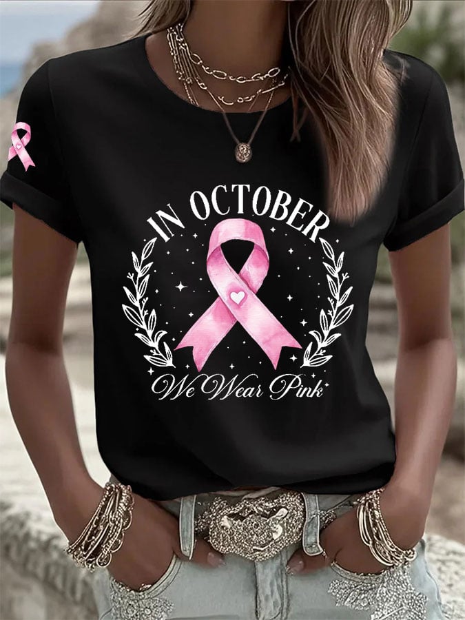Women's Breast Cancer In October We Wear Pink Print Casual T-shirt