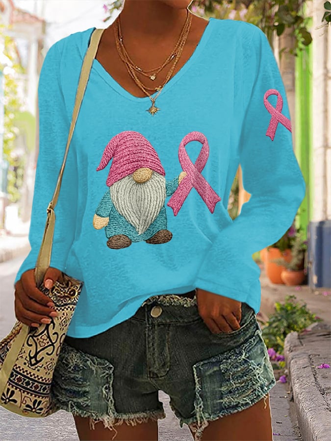 Women's Breast Cancer Awareness Print Long Sleeve V-Neck T-Shirt