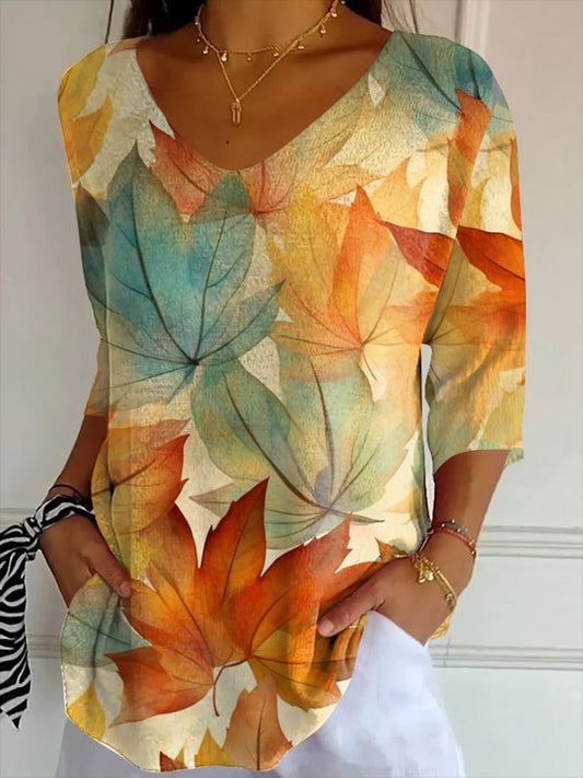 Women's Autumn Leaves Printed Casual Mid-Sleeve T-Shirt