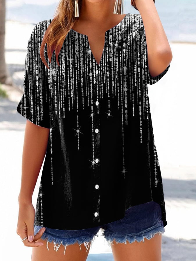 Women's Vintage Sequin Chain Print Button Design Shirt