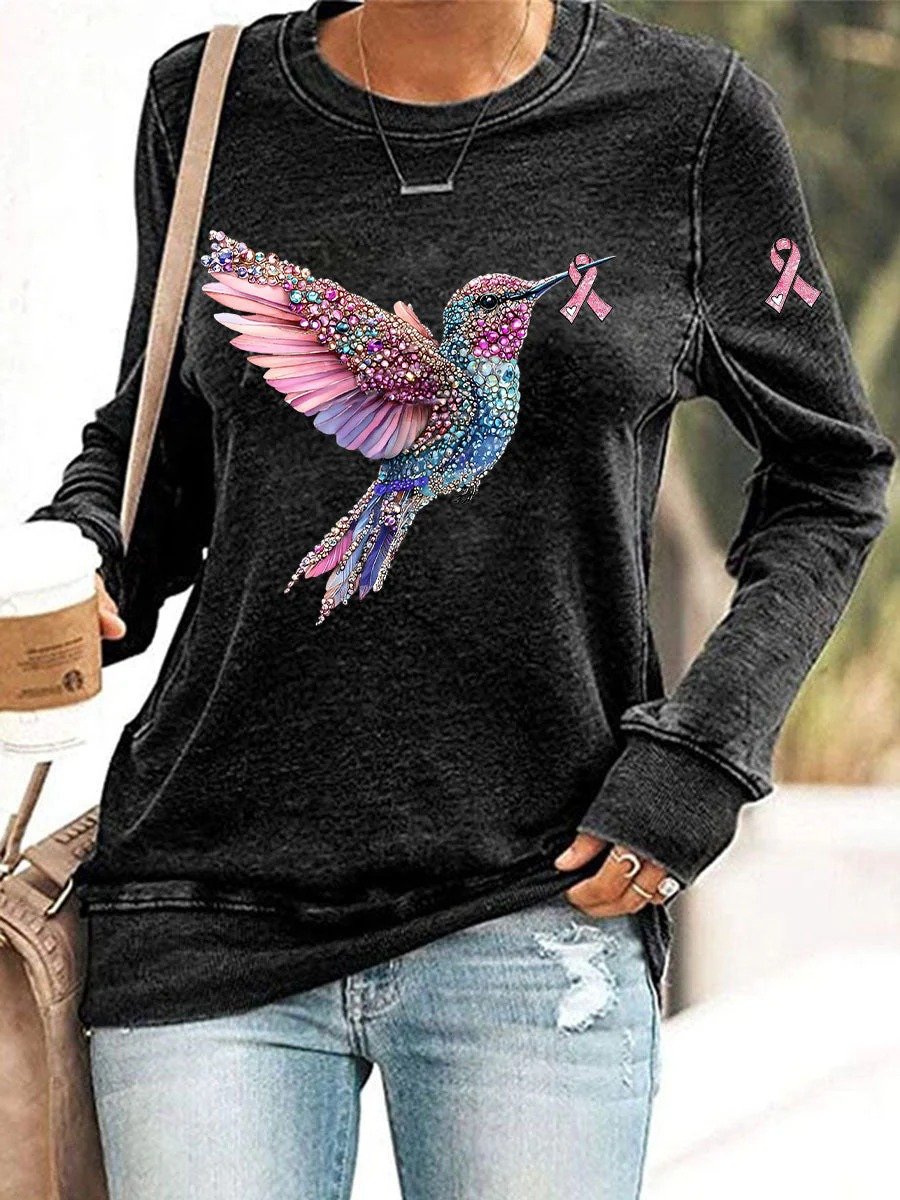 Women's Breast Cancer Awareness Hummingbird Ribbon Print Sweatshirt