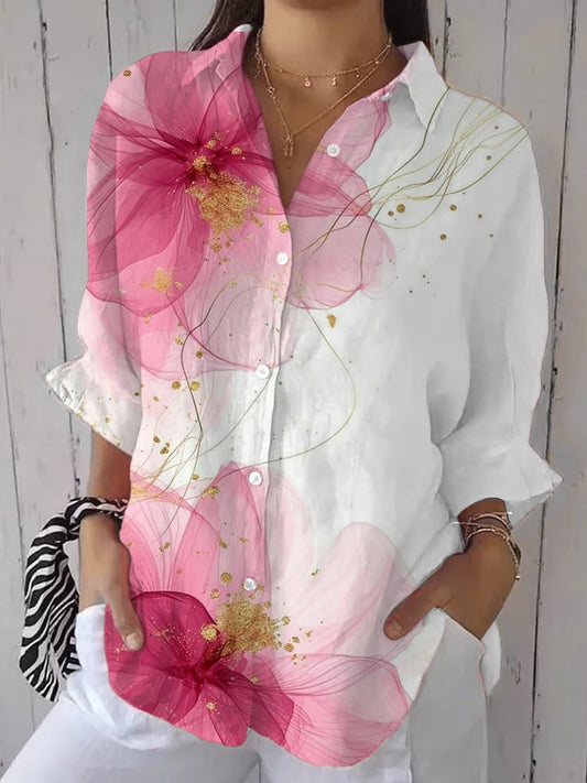 Women's Casual Retro Pink Art Floral Blouse