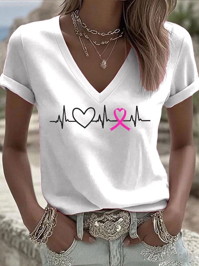 Women's Breast Cancer Love Ribbon Print Casual T-shirt
