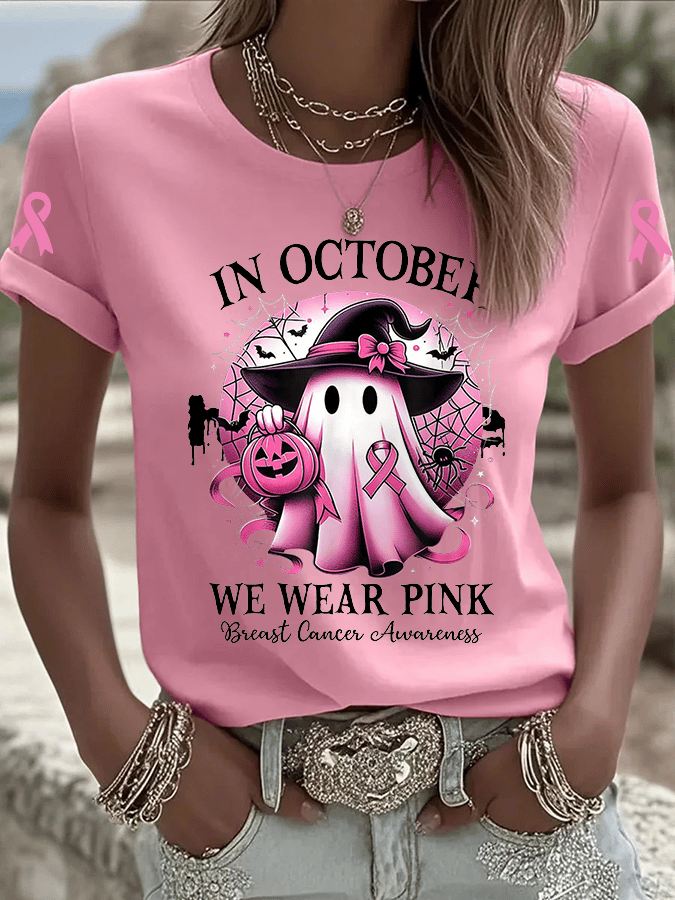 Women's In October We Wear Pink Print Crew Neck T-Shirt