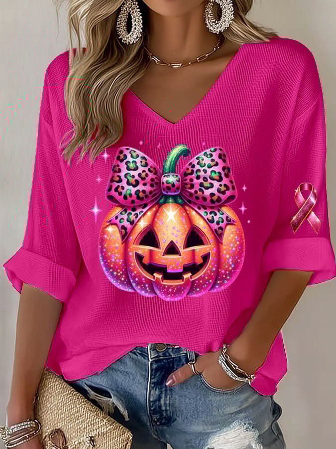 Women's Casual Breast Cancer Awareness Pumpkin Long Sleeve T-Shirt