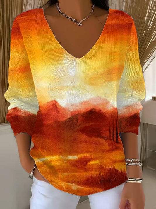 Women's Casual Autumn Sunset Print Long Sleeve T-Shirt