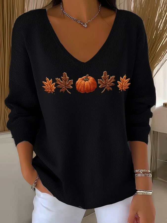 Women's Casual Autumn Maple Leaf Pumpkin Striped Long-Sleeved V-Neck Top