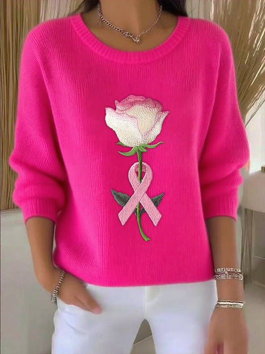 Women's autumn and winter basic breast cancer embroidered floral print long-sleeved knitted top