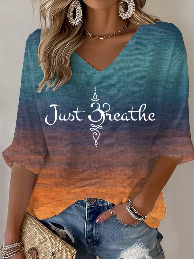 Women's Just Breathe Print V Neck T-shirt