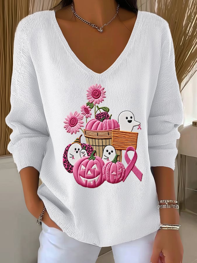 Women's Casual Pink Pumpkin Ghost Print Striped Long Sleeve Top