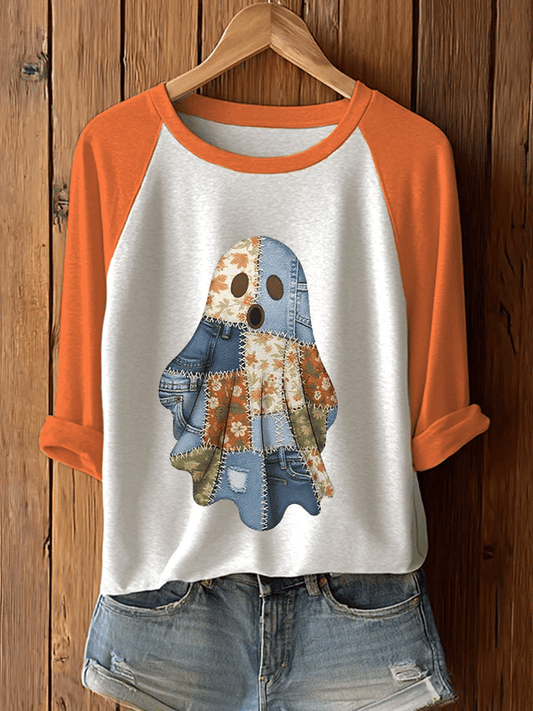 Women's Autumn Spliced Ghost Printed T-Shirt