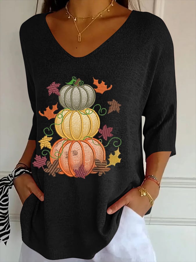 Women's Casual Autumn Pumpkin Striped T-Shirt
