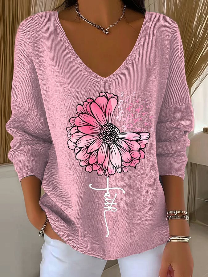 Women's Faith Breast Cancer Awareness Sunflower Print T-Shirt