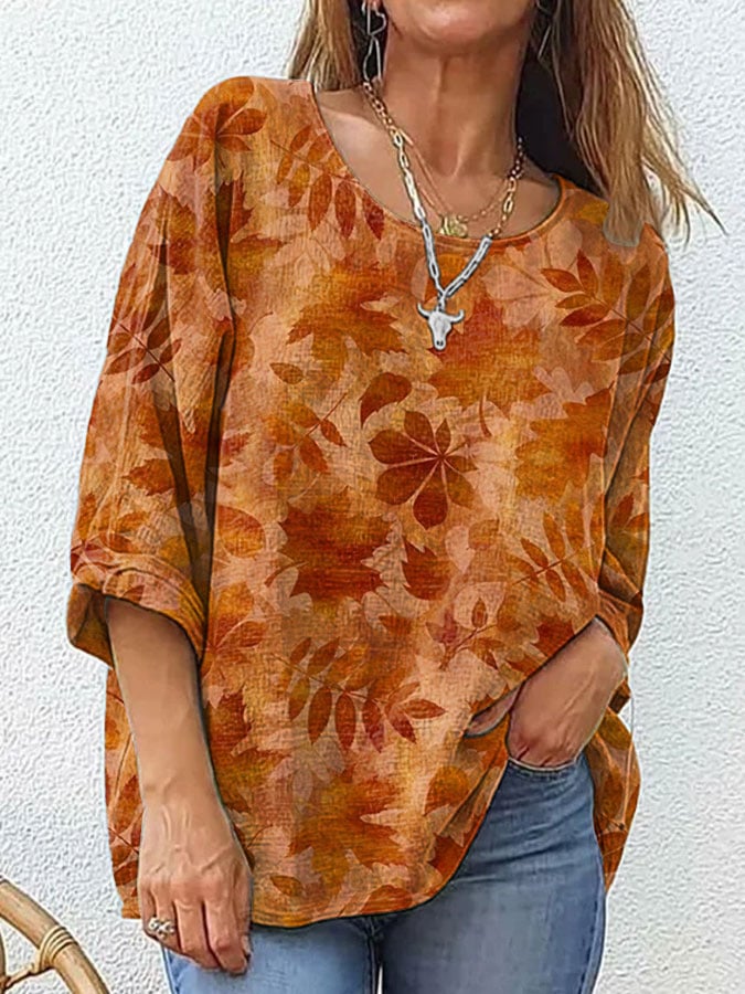 Women's Autumn Leaves Printed Round Neck Casual Cotton and Linen Shirt
