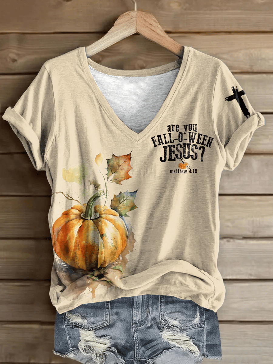 Women's Casual Vintage Autumn Are You Fall-O-Ween Jesus?  Print T-Shirt