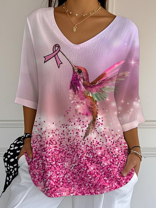 Women's Casual Hummingbird Breast Cancer Meaning Bubble Wrinkle Top