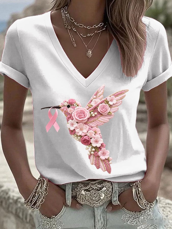 Women's Breast Cancer Hummingbird Ribbon Print Casual T-shirt