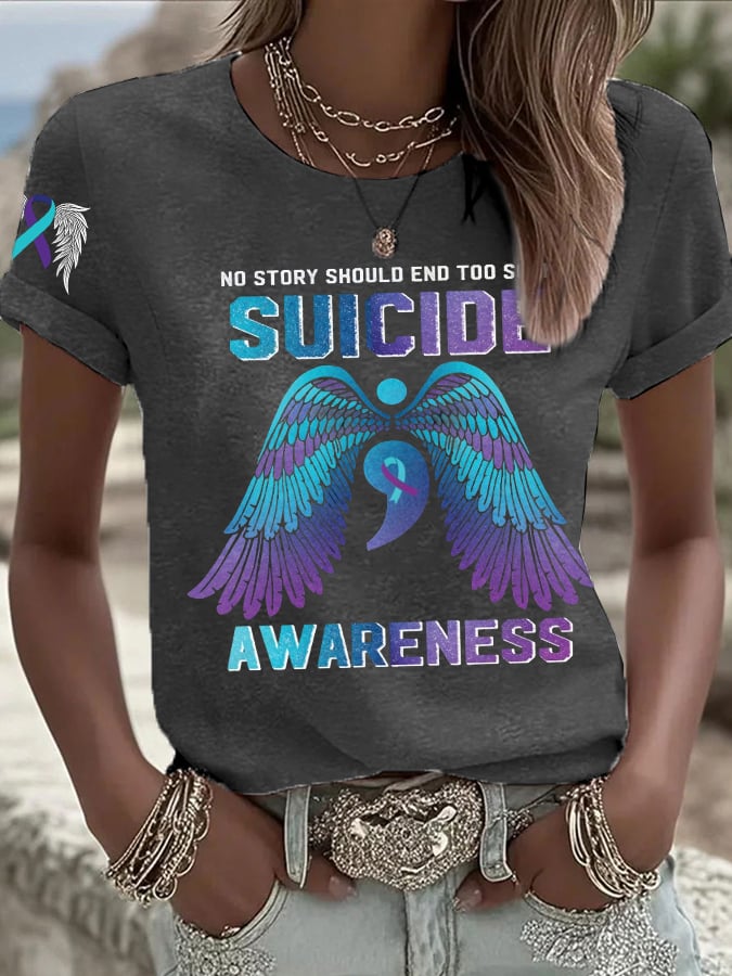 Women's No Story Should End Too Soon Suicide Awareness Print Casual T-shirt
