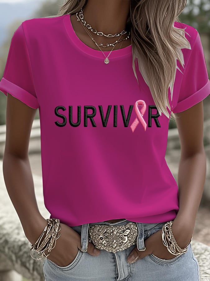 Women's Breast Cancer Survivors Print Round Neck Short Sleeve Linen Blend Shirt